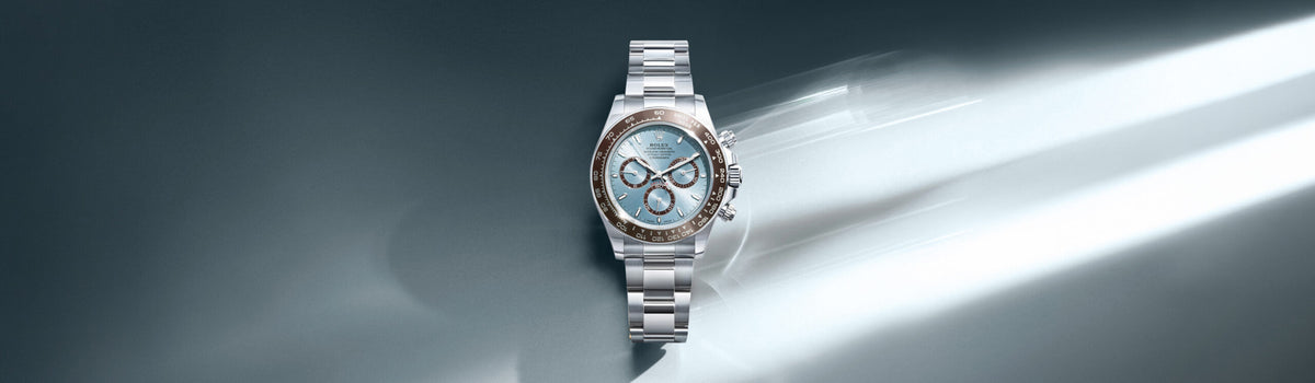 Rolex Cosmograph Daytona in platinum with an ice-blue dial and chestnut-brown bezel