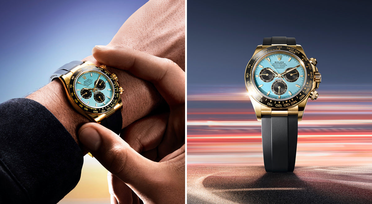 Two split panels showing a yellow-gold luxury chronograph watch with a light turquoise dial and black rubber strap, one on a person's wrist and the other centered against a blurred background.