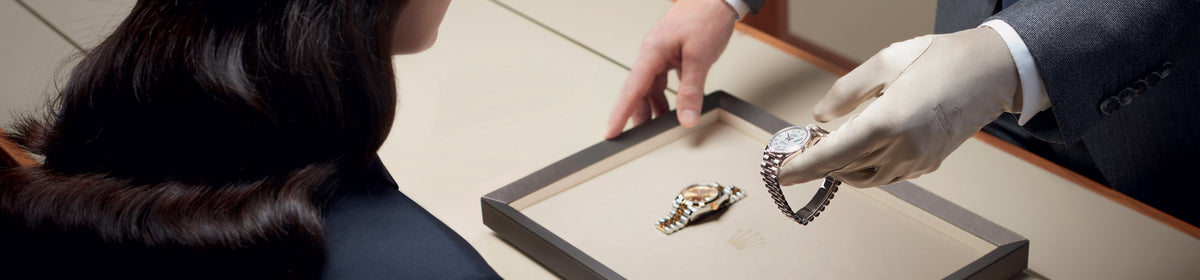 Rolex retailer in white gloves presenting two Rolex watches on a tray to a client